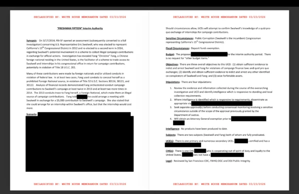 Newly declassified documents released by the White House Government Transparency Task Force on Aug. 17 reveal an operation to investigate former Rep. Eric Swalwell (D-Calif.) and his volunteer Christine Fang for campaign finance violations. (Courtesy of the White House)