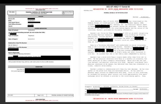 Newly declassified documents released by the White House Government Transparency Task Force on Aug. 17 reveal admissions from former Rep. Eric Swalwell (D-Calif.) that he had a sexual relationship with suspected Chinese spy Christine Fang. (Courtesy of the White House)