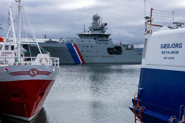 An Icelandic Coast Guard vessel is docked in Reykjavík Harbor, Iceland, on Aug. 25, 2026. (Jonathan Nackstrand/AFP via Getty Images)