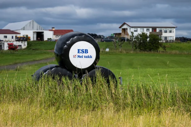 A "Nei takk" (No thanks) sign opposing the ESB (EU in Icelandic) is displayed on wrapped hay bales outside a farm near Reykjavík, Iceland, on Aug. 26, 2026, ahead of a local referendum. (Jonathan Nackstrand/AFP via Getty Images)