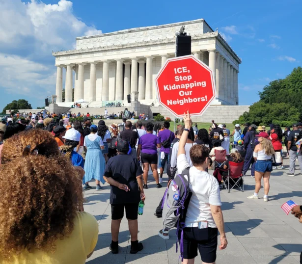 Protestors at the “Defend the Vote” rally at the Lincoln Memorial in Washington on Aug. 28, 2026. (Stacy Robinson/The Epoch Times)